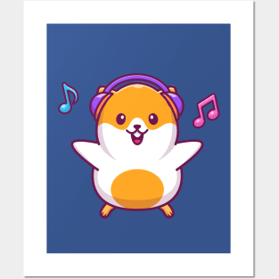 Cute Hamster Listening Music Cartoon Posters and Art